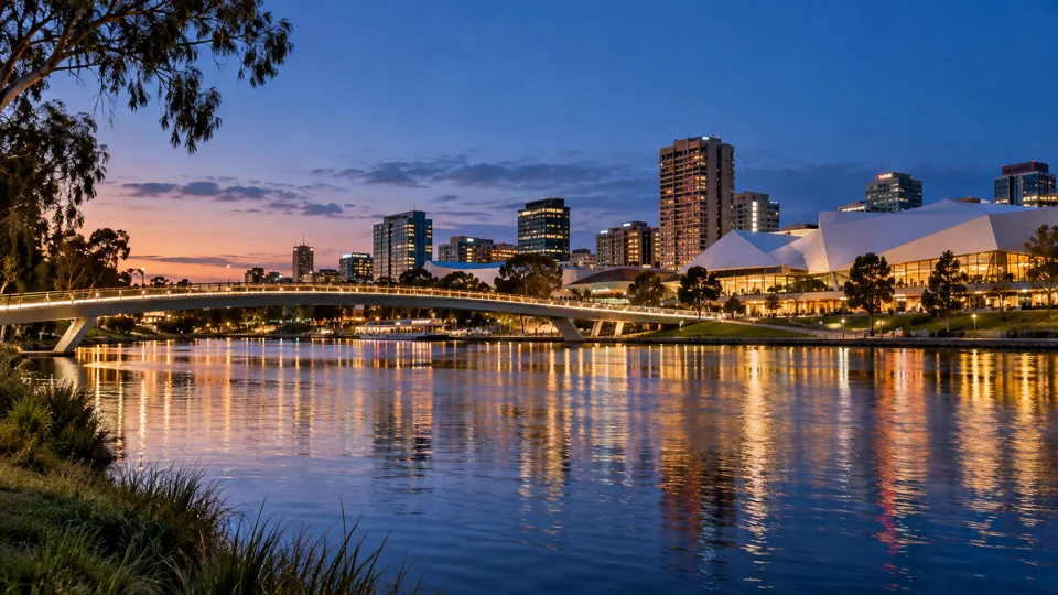 The River Torrens footbridge and Adelaide city waterfront