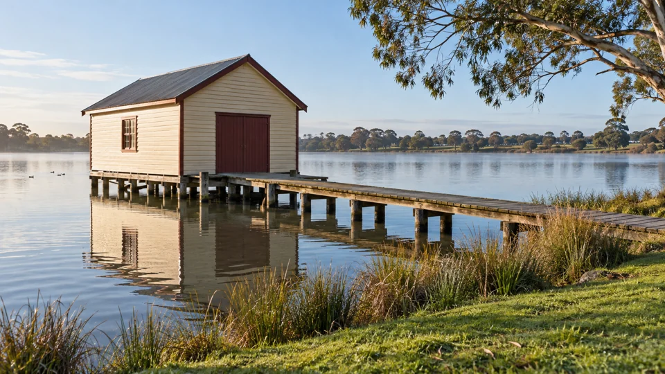 A timber boathouse beside Lake Wendouree in Ballarat