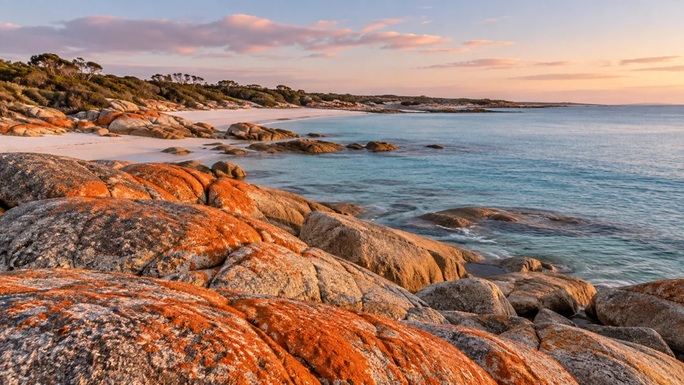 Orange lichen on granite beside the Tasman Sea at the Bay of Fires