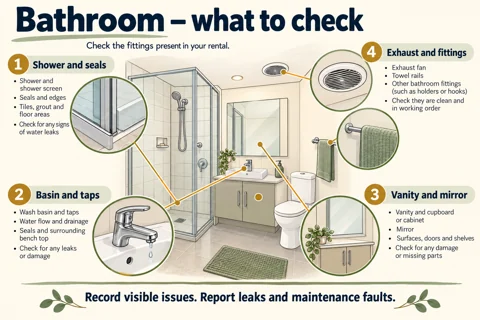 Bathroom fittings and visible issues to record during a rental inspection