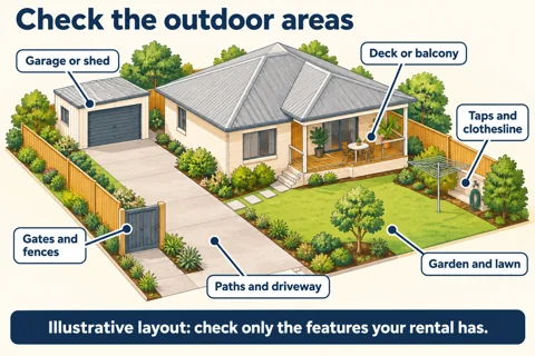 Outdoor areas and inclusions to check where present at the rental