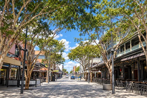 The tree-lined Brunswick Street Mall in Fortitude Valley