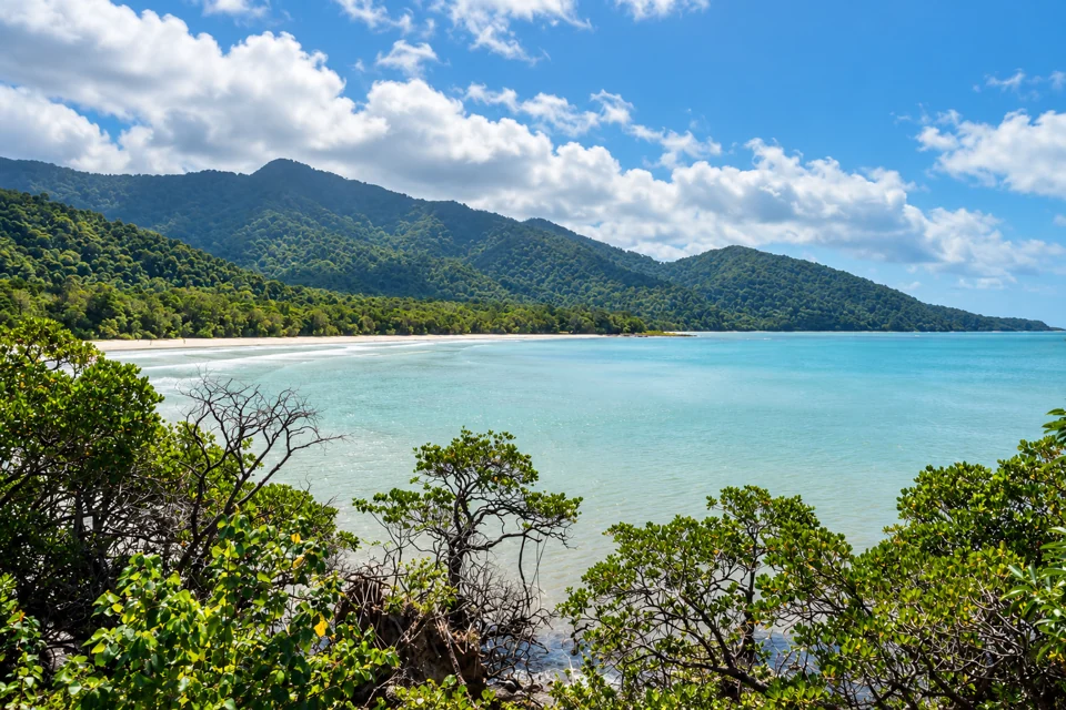 Pale coastal water and a sandy crescent below Cape Tribulation’s forested mountain ridge