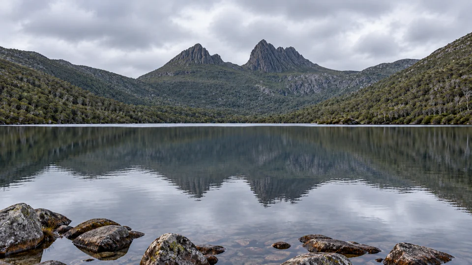 Cradle Mountain and Dove Lake under soft cloud