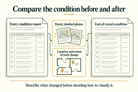 Use the entry report and dated photos to compare the property’s condition