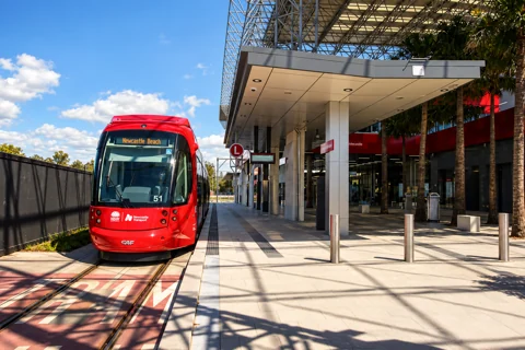 A Newcastle light-rail tram at Newcastle Interchange