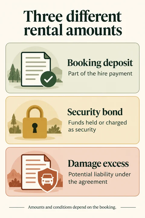 A booking deposit, security bond and damage excess have different roles in a rental agreement