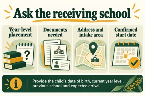 Ask the receiving school about placement, documents, intake area and the confirmed start date