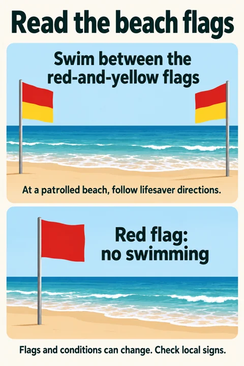 Red-and-yellow flags mark the recommended swimming area; a red flag means no swimming. Follow current lifesaver directions