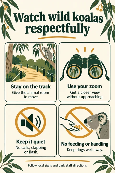 Watch from the track, use binoculars or zoom, keep quiet and avoid feeding or handling wild koalas