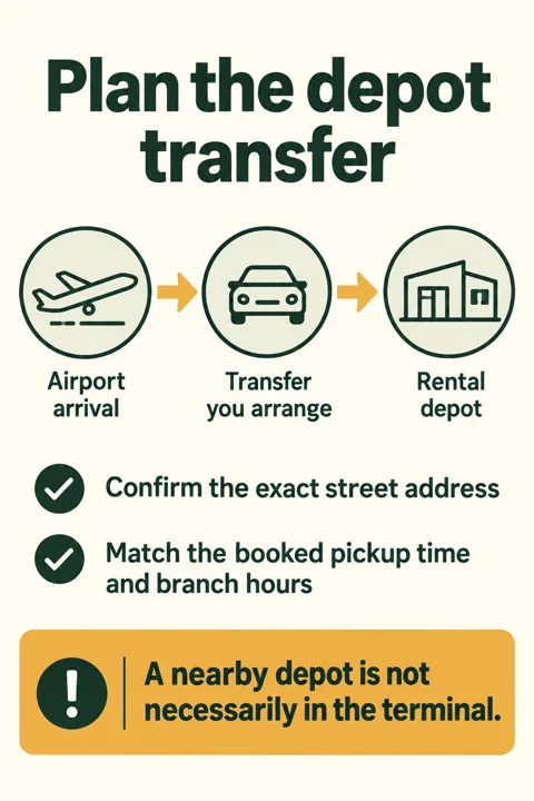 Plan the transfer from your airport arrival to the rental depot and confirm the address, booked pickup time and branch hours