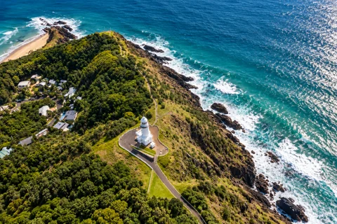 Cape Byron Lighthouse on the rocky headland above the Pacific Ocean