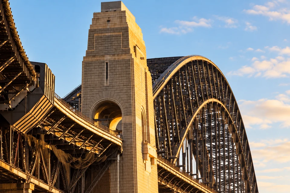 The granite pylon and steel arch of Sydney Harbour Bridge