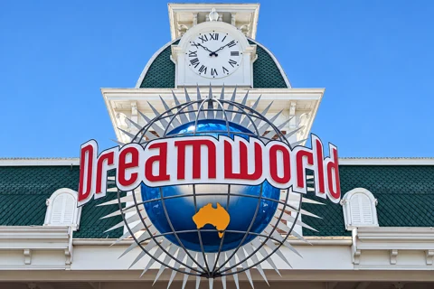 Dreamworld’s entrance clock and globe on the Gold Coast