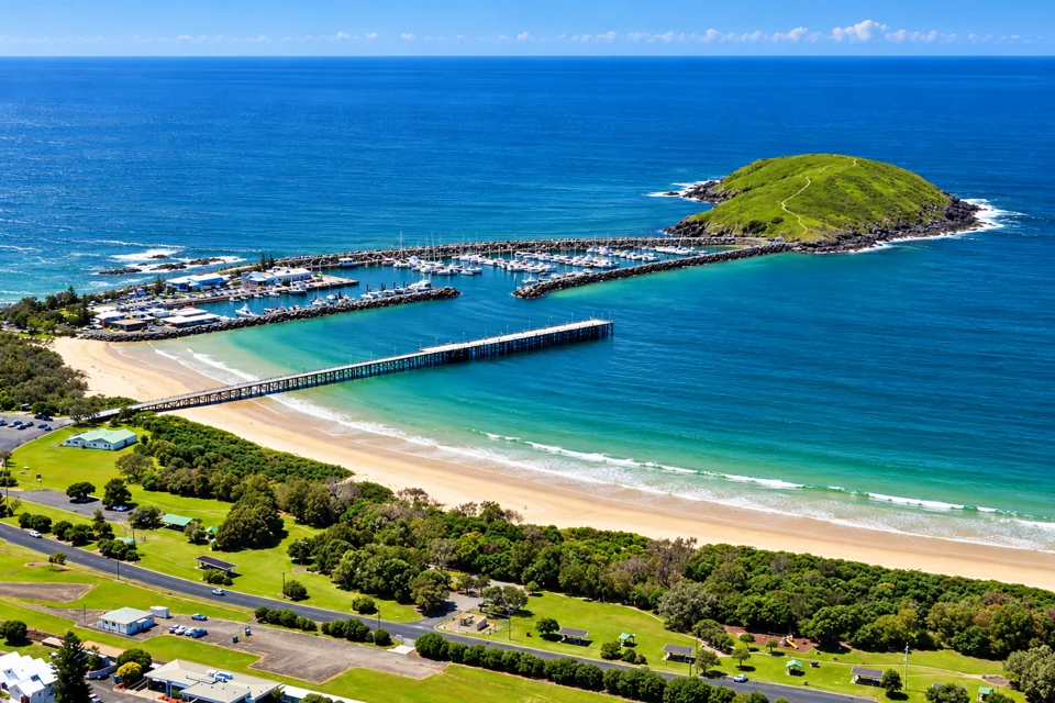 Coffs Harbour’s timber jetty, Jetty Beach, marina and Muttonbird Island