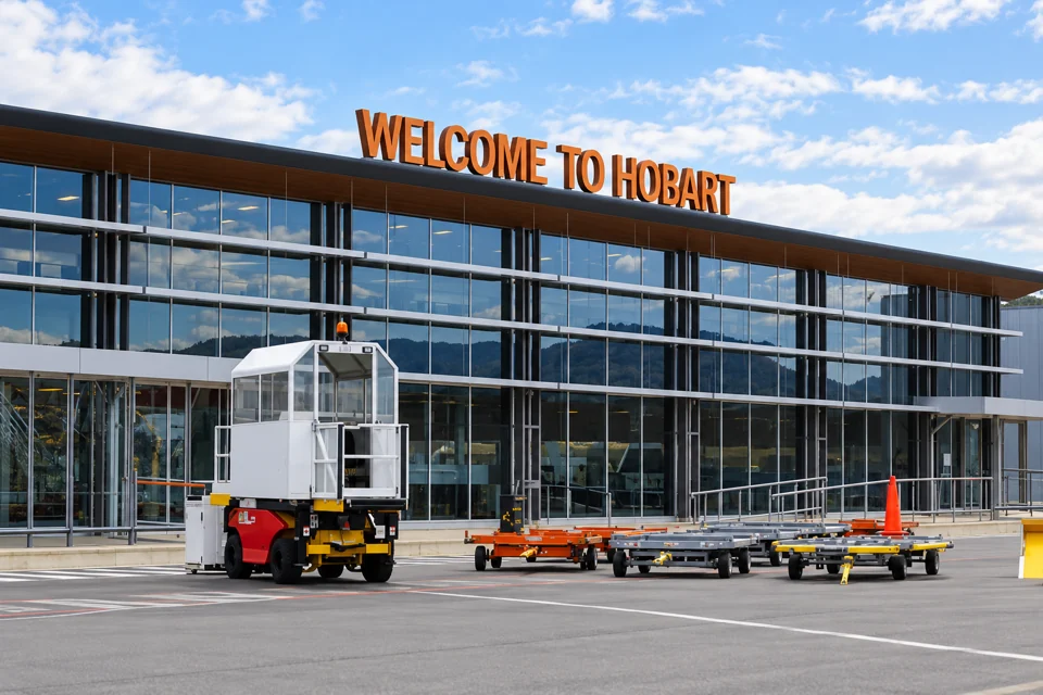 Hobart Airport’s glass-fronted terminal seen from the apron