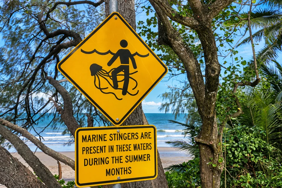 A coastal marine-stinger warning sign
