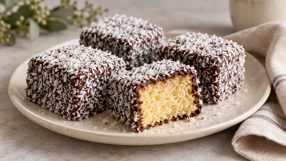 Classic lamingtons with chocolate icing and coconut