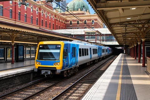 A Metro train at Flinders Street station