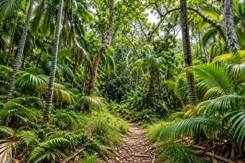 A narrow leaf-covered path through Lord Howe Island’s kentia palm forest