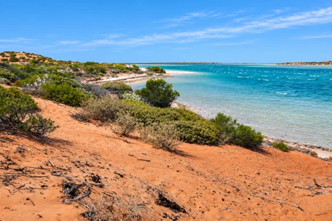 The sandy shore and inlet at Big Lagoon