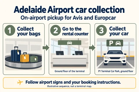 The on-airport collection sequence for Avis and Europcar at Adelaide Airport
