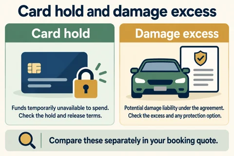 A card hold and a damage excess are different parts of a rental quote