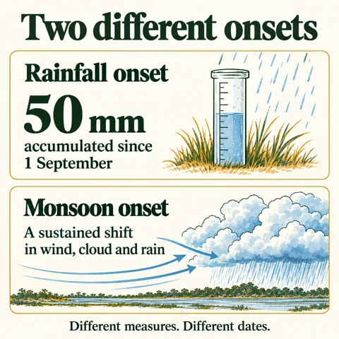 Rainfall onset and monsoon onset measure different things